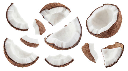 Fototapeta premium an overhead view of fresh coconut pieces, including halves and fragments, revealing the white flesh and brown fibrous husk against a clean transparent background.