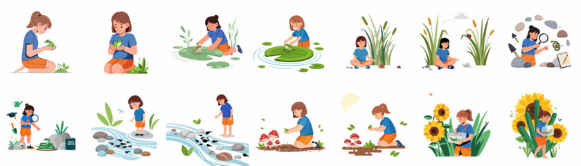 Collection of illustrations showing girls exploring nature, observing frogs, insects, and wildlife, learning about biology outdoors. © Ricardo