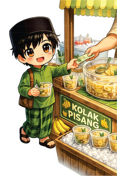 Young man buying sweet banana compote or kolak pisang for iftar