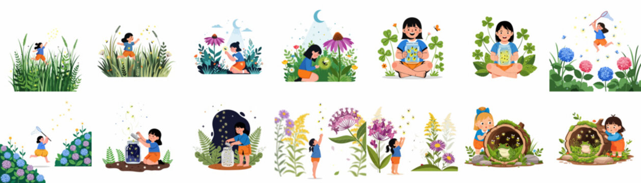 Summer Nature Fun: Children's vector illustrations of girls exploring gardens, catching fireflies, and observing wildlife in whimsical outdoor scenes.