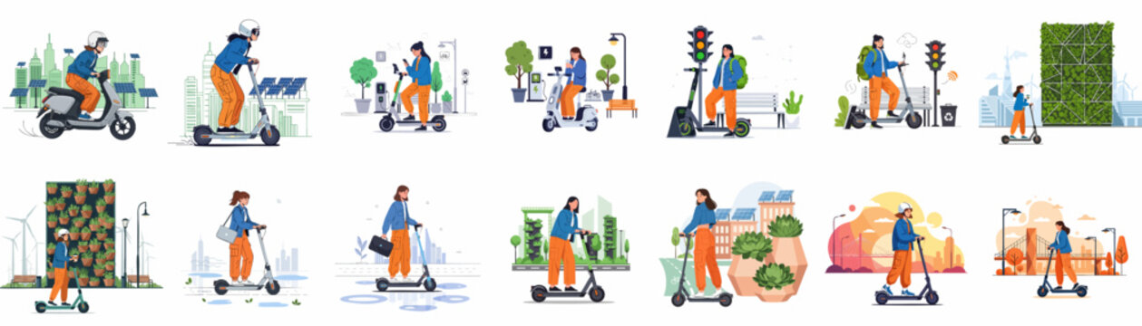 Diverse set of illustrations showcasing eco-friendly electric scooter and motorcycle transport in smart, sustainable cityscapes featuring solar power and green infrastructure.
