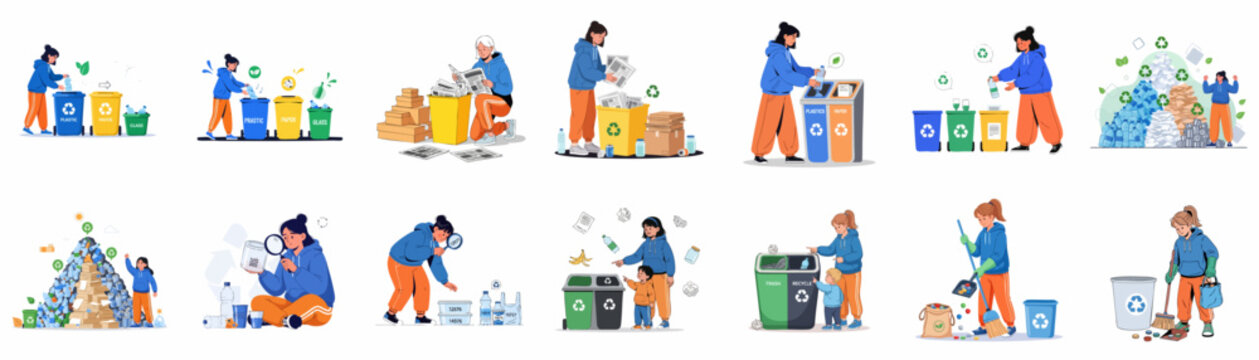 Comprehensive set of illustrations showing people sorting waste into segregated bins for plastic, paper, and glass, promoting recycling, sustainability, and environmental protection.