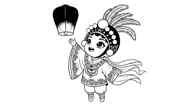 Cartoon Chinese Opera Performer with Sky Lantern Illustration for Cultural Themes