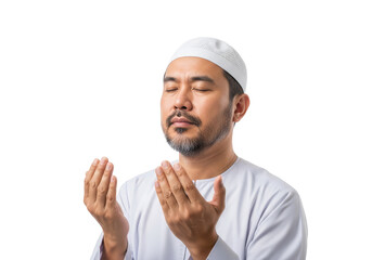 serene praying man in white cap, islamic devotion