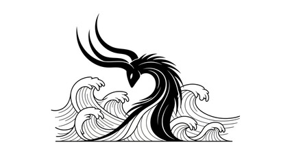 Naklejka premium Dramatic black and white artwork featuring a stylized dragon emerging from ocean waves art