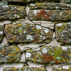 Fototapeta premium Detailed Stone Wall Texture with Moss and Lichen Growth.