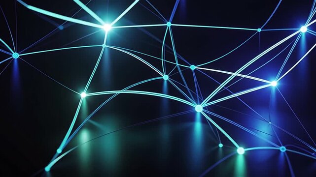 Glowing blue network connections with neon lights on dark background, slow motion video footage