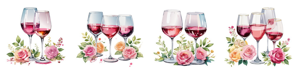 Valentines Pink Wine Glasses Watercolor Vector Set &ndash; Romantic Floral Toast Illustration Collection