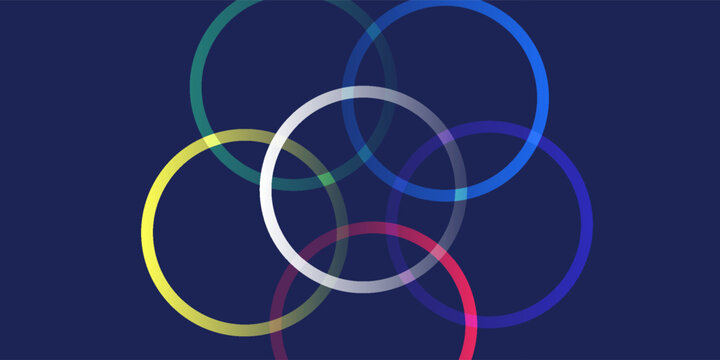 Abstract colorful overlapping circles on dark blue background, vector illustration