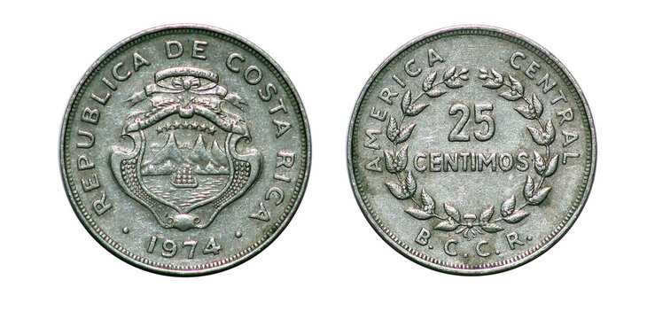 Coin 25 centimos. 1974 year. Republic of Costa Rica