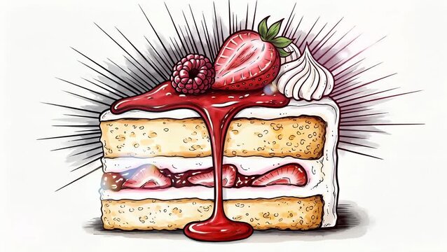 Hand drawn slice of layered strawberry shortcake dessert dripping sauce with toppings