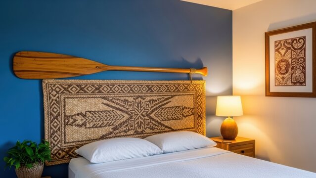 A bedroom with a headboard made from a salvored outrigger canoe paddle or woven lauhala (pandanus leaf) mat, against a wall painted the color of the sky at dusk (lapis blue).