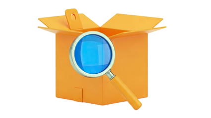 Magnifying glass over an open orange box
