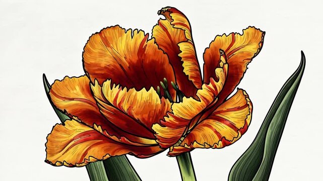 Vintage botanical engraving of a vibrant orange parrot tulip illustration