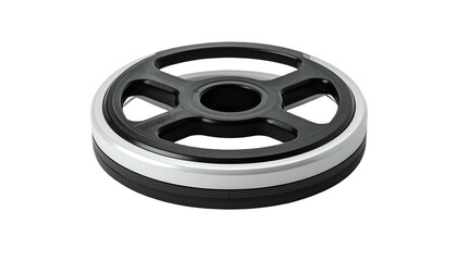 Fototapeta premium A weight plate featuring a black center with large openings and a contrasting silver edge