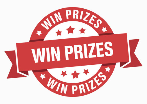 Win prizes ribbon, red circular banner vector showing giveaway, contest promotion, prize announcement, and marketing reward illustration.