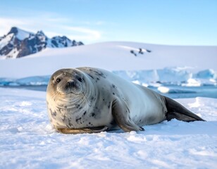 Weddell Seal Resting on Ice in Antarctica Landscape.
