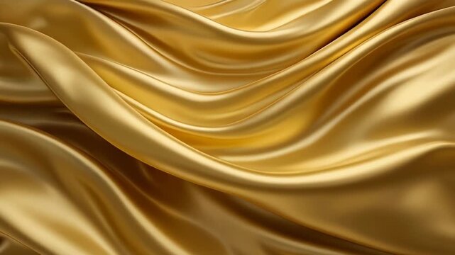 Gold 3D abstract graphics background animation, golden bright moving waves shiny and glossy metallic silk seamless 4K loop video animation, gold texture design.