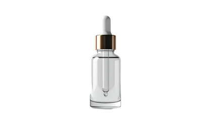 Realistic 3D render of a clear glass serum bottle with a dropper against a black background
