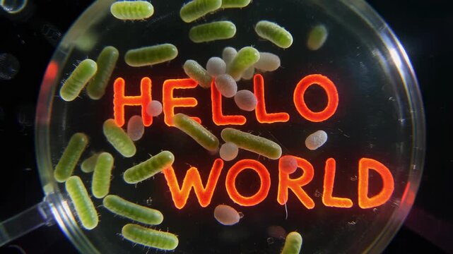 Genetically Modified Bacteria Forming &ldquo;Hello World&rdquo; Text Concept