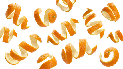 abstract swirls of vibrant orange peel zest on a transparent background, suggesting flavor, aroma, and citrus essence.