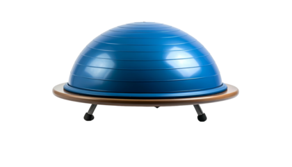 A blue balance training device, half-dome shaped on a wooden base with short legs