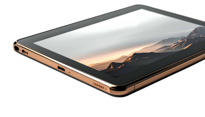 Angled shot of a tablet displaying a landscape over a black background, with metallic edges