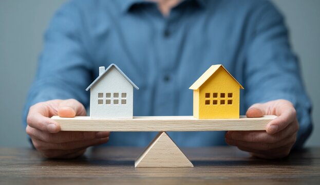 Property value comparison and housing market balance concept with miniature houses