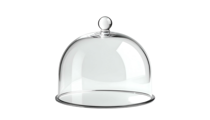 A clear glass dome cover, with a rounded top and small handle, on a black background
