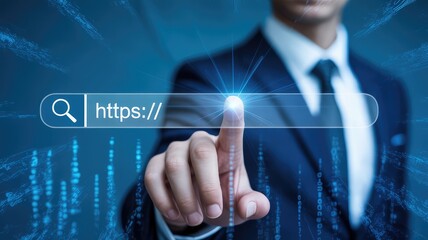 Businessman in dark suit points at a glowing virtual https search bar on a futuristic blue digital background secure online connec