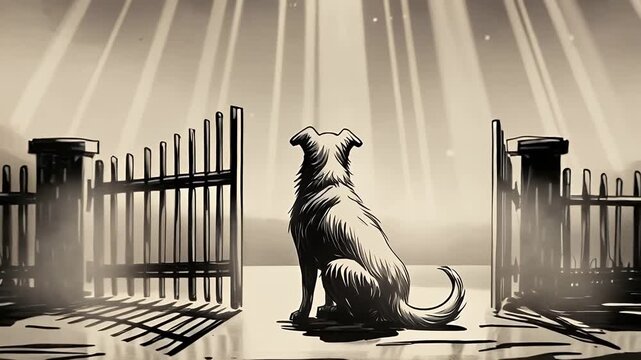 Dog Waiting at Heaven Gates Dramatic Light Rays Monochrome Illustration