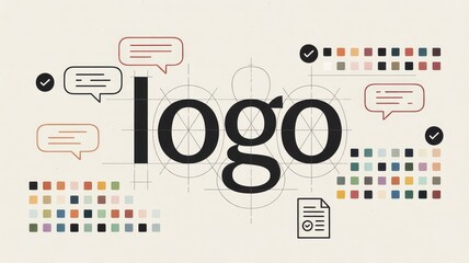 Professional logo design and brand identity development process with color palettes and geometric guides an abstract creative illu