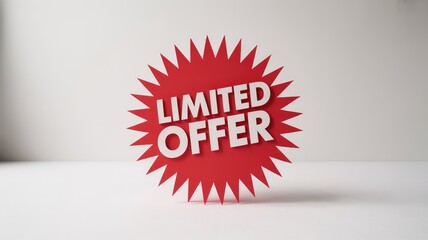 Red starburst sign with bold white text Limited Offer standing on a clean white background with soft studio lighting