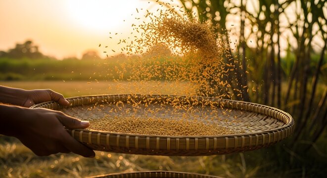 Traditional Rice Winnowing with Golden Grains at Sunset