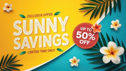 Vibrant Sunny Savings exclusive offer graphic design promoting a summer sale with up to 50 percent off on a bright yellow and blue