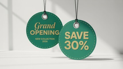 Two round green grand opening and save 30 percent promotional tags hanging on a clean white background with shadows
