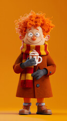 3d Cartoon Character A man wearing winter clothes and holding a cup of coffee