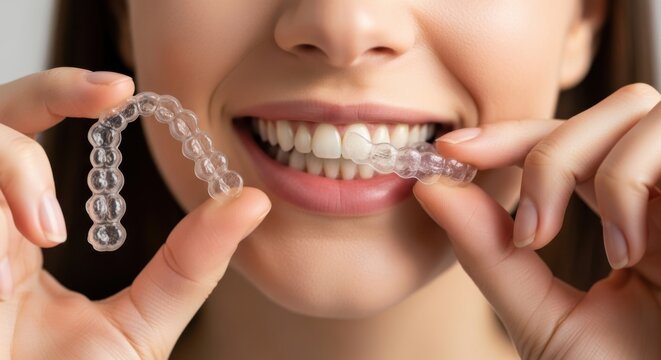 Smiling woman holding invisible aligners