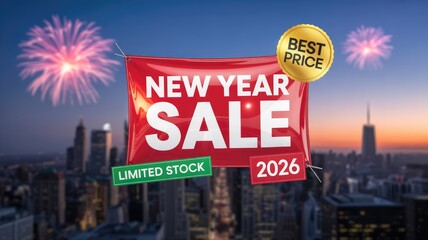 Vibrant red New Year Sale 2026 banner with best price and limited stock offers over a celebratory city skyline at dusk with firewo