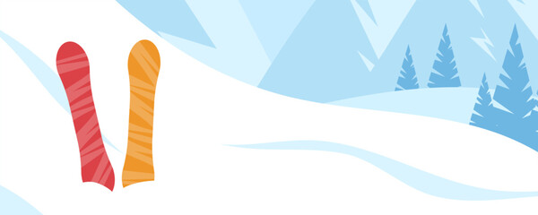 Two colorful skis planted in snow on quiet mountain slope under blue sky, sunrise light casting soft shadows,