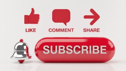 Vibrant red 3D rendering of social media interaction buttons with subscribe like comment share and notification bell
