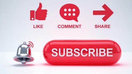Bright red subscribe button and silver notification bell with like comment share icons on a clean white studio background promotin