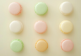 Obraz premium Colorful macarons arranged in intricate pattern, showcasing pastel shades of pink, green, yellow, and white, creating delightful visual treat