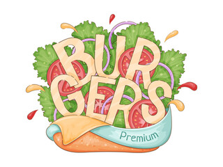 Whimsical burger lettering with lettuce, letters sculpted from buns and greens, ketchup splashes and tomato