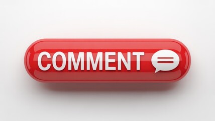 A bright red glossy rounded button with the white word COMMENT and a speech bubble icon for online interaction on a clean white ba