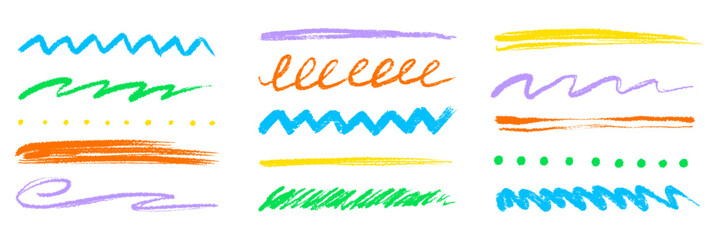 Colorful hand drawn brush strokes and underline set. Textured chalk pencil marks, crayon scribbles, chalk color lines. Crayon texture brush stroke rough highlight shapes. Vector illustration