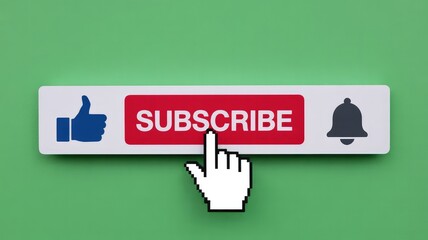 A pixelated cursor hand clicks the central red subscribe button with thumbs up and notification bell icons on a vibrant green digi