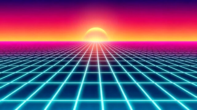 Retro futuristic sunrise with neon grid and vibrant colors in digital landscape animation.