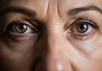 Close-up of a womans face with tears in her eyes.