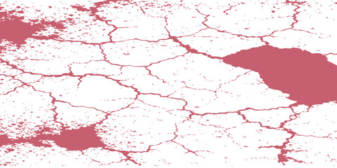 A grunge red paint texture splash creates an old cracked pattern on a dirty wall surface backdrop with ink stains and blood droplets for an artistic vector illustration design
